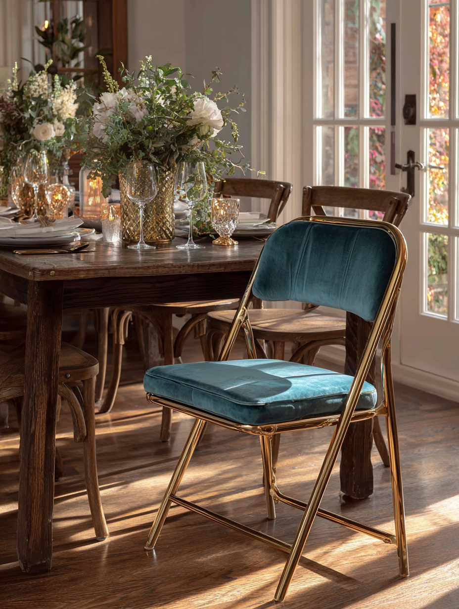Teal velvet folding chair with a gold frame placed beside a rustic dining table with candles and floral arrangements.