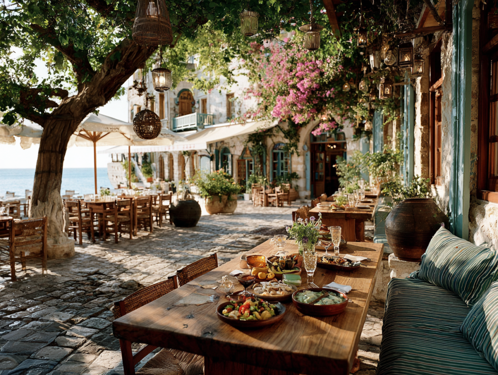 Sunlit Mediterranean street with café tables, flowers, and historic architecture representing slow and intentional travel