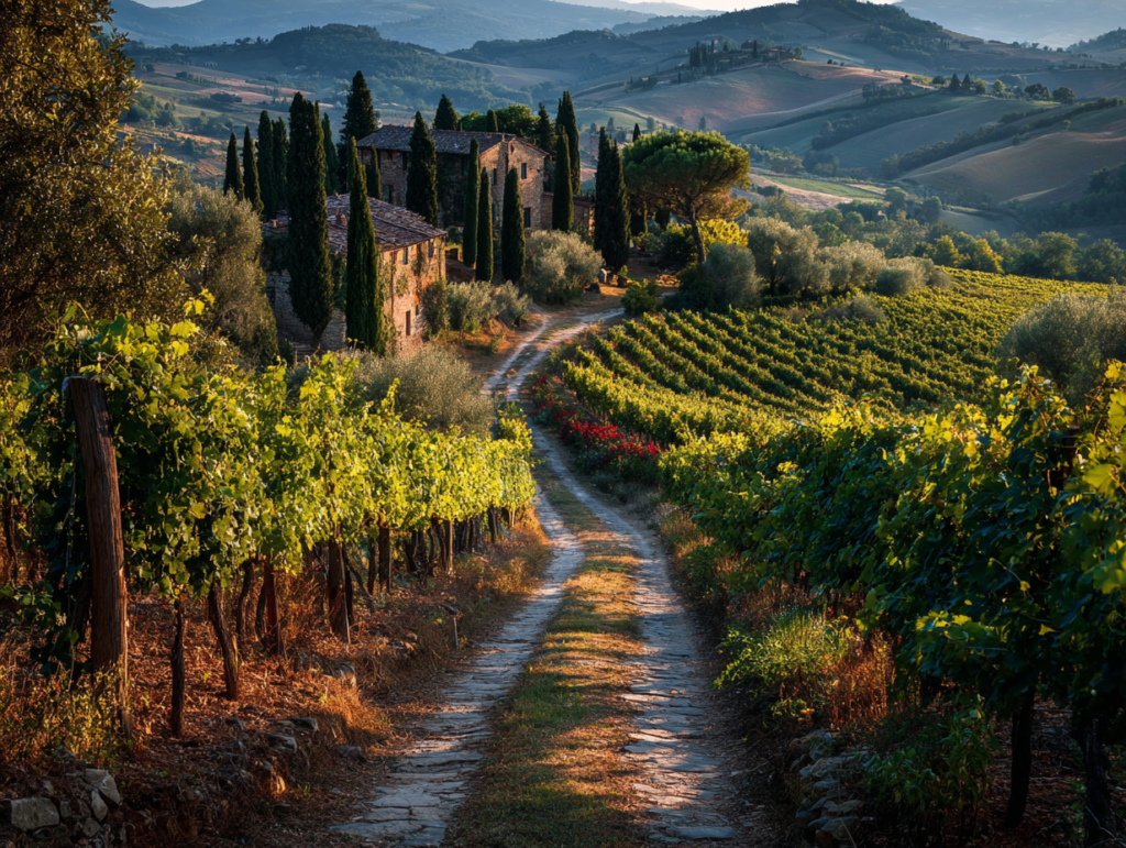 Tuscany vineyard with rolling hills and cypress trees under warm sunlight