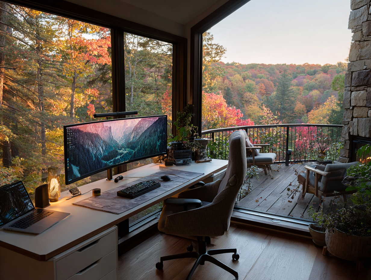 Ultra-wide monitor workspace overlooking a forest with fall colors, featuring a clean desk setup and cozy seating area.