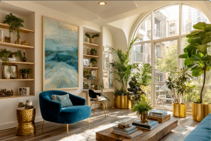 Luxurious living room featuring a velvet sofa, gold planters, marble details, and warm lighting in the Elegant & Driven signature style.