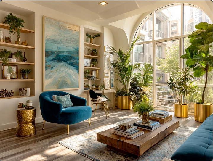 Luxurious living room featuring a velvet sofa, gold planters, marble details, and warm lighting in the Elegant & Driven signature style.