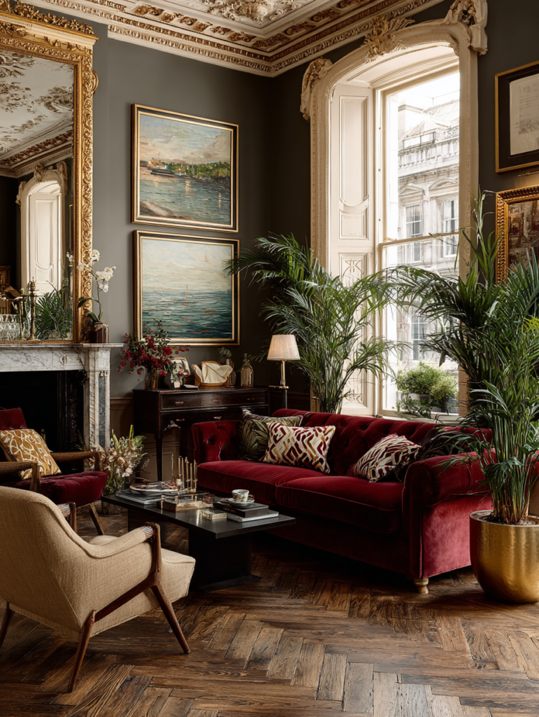 Burgundy velvet sofa styled in a classic living room with gold mirrors and greenery