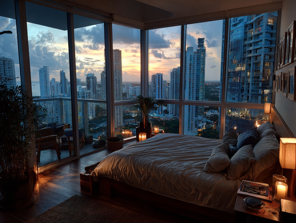 Bedside night lamps providing soft lighting in a high-rise bedroom while preserving a nighttime city skyline view