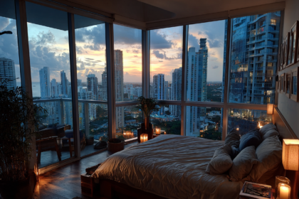 Layered bedroom lighting in a high-rise condo with warm bedside lamps and floor lamp preserving a nighttime city skyline view