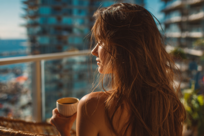 Woman standing on a balcony holding a cup of coffee, reflecting calmly on city views, symbolizing time freedom, financial independence, and a slower lifestyle.