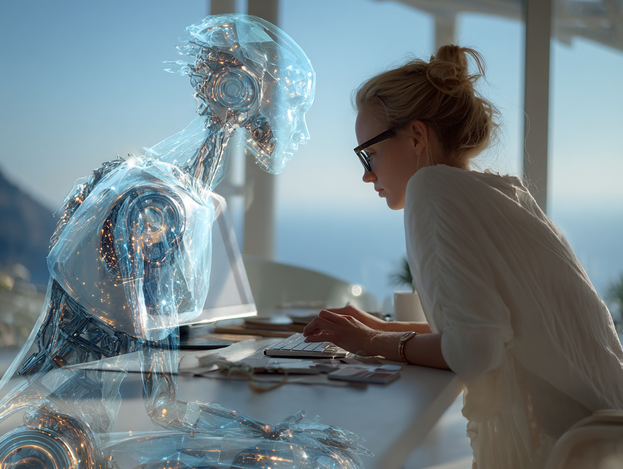 A woman working at a desk alongside a transparent humanoid robot, symbolizing the future of artificial intelligence and human-AI collaboration.