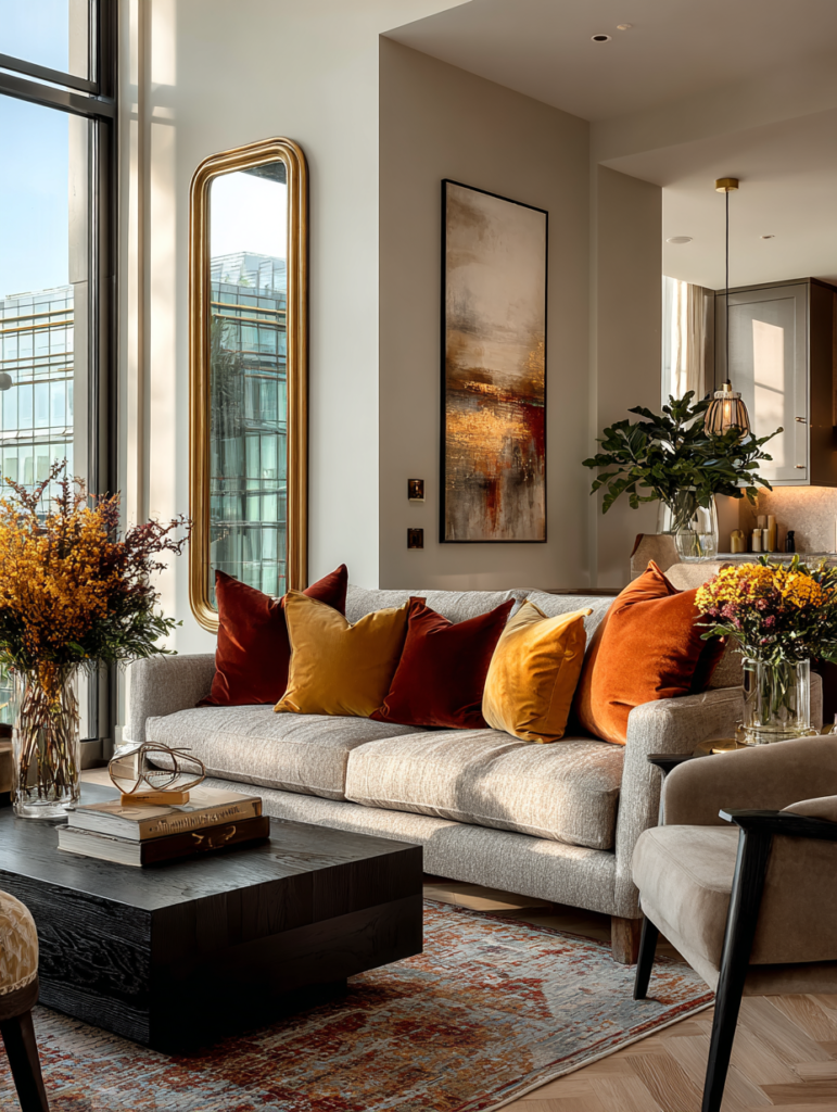 Wood coffee table paired with a neutral sofa, warm accent cushions, gold mirror, and natural textures in a modern interior