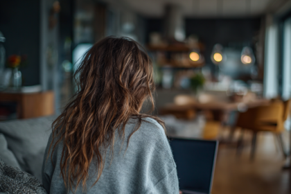 Woman sitting alone on a couch with a laptop, writing quietly at home, symbolizing living the bucket list through creative self-expression and intentional living.