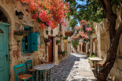 Sunlit Mediterranean street with colorful doors, flowers, and café tables representing intentional travel and slow living