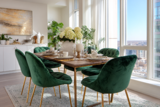 Designer dining room featuring green velvet chairs, gold accents, natural light, and city views—an elegant balance between minimalist and maximalist decor.