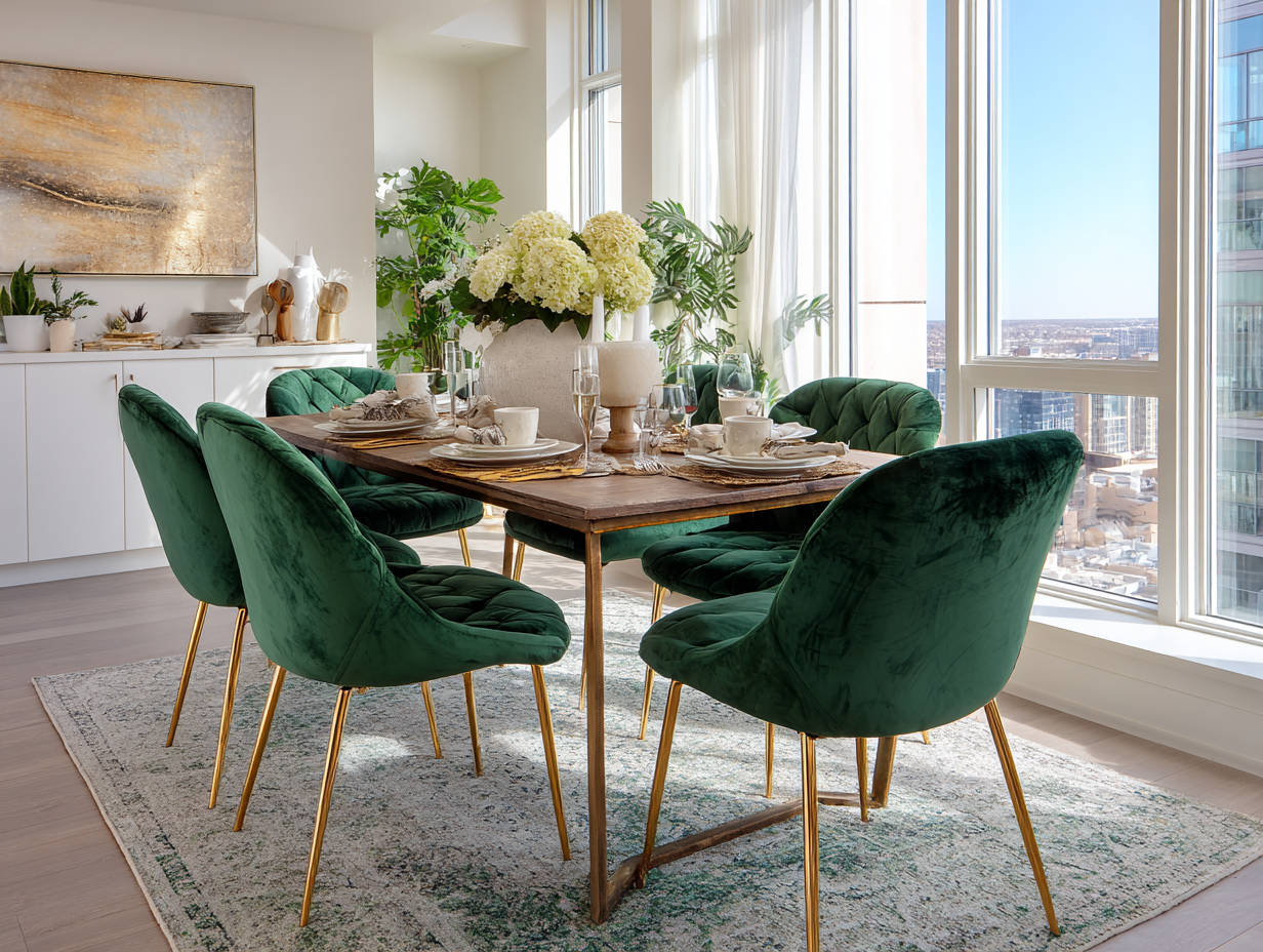 Designer dining room featuring green velvet chairs, gold accents, natural light, and city views—an elegant balance between minimalist and maximalist decor.