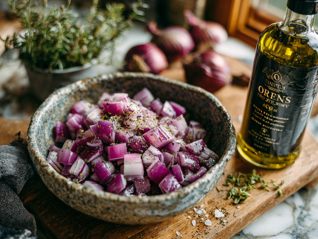 Chopped red onions seasoned with herbs and olive oil on a wooden board in a warm, traditional kitchen