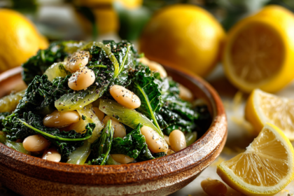 White beans with sautéed greens, olive oil, and lemon — a traditional fiber-rich bean dish linked to longevity.
