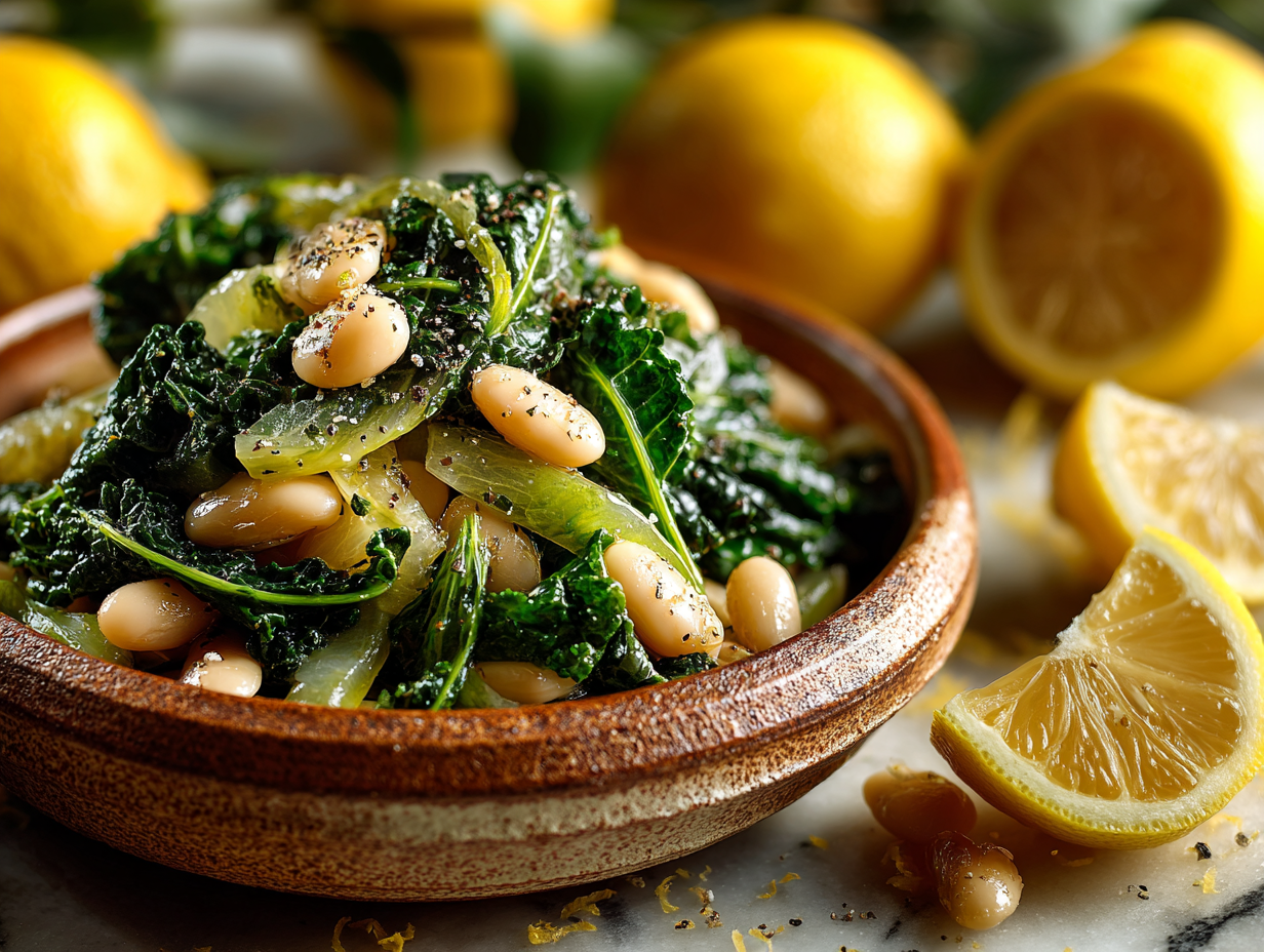 White beans with sautéed greens, olive oil, and lemon — a traditional fiber-rich bean dish linked to longevity.