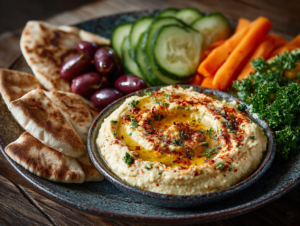 Creamy hummus made from chickpeas, olive oil, and spices served with pita and vegetables in a Middle Eastern setting.