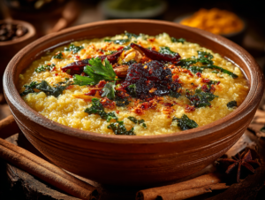 Indian khichdi made with lentils, rice, spices, and herbs, a traditional comfort meal rooted in Ayurvedic nutrition.