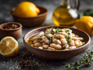 Greek-style marinated white beans with herbs, olive oil, and lemon served as a traditional Mediterranean legume dish.