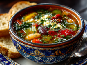 Greek fasolada soup made with white beans, vegetables, olive oil, and herbs, a classic Mediterranean comfort dish.