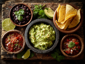 Black beans served with traditional Mexican sides, highlighting legumes as a daily staple in Mexican cuisine.