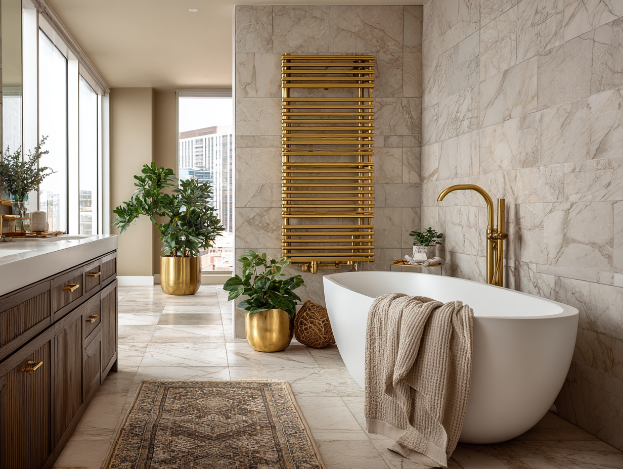 Gold multi-bar towel warmer styled as a statement piece in a modern luxury powder room with marble walls and a freestanding tub