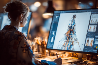 Creative woman designing fashion at a desk, representing the journey of choosing personal passion over external expectations.