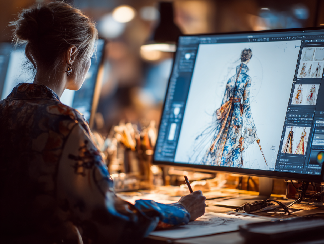 Creative woman designing fashion at a desk, representing the journey of choosing personal passion over external expectations.