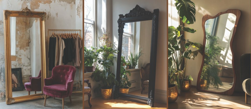 Floor-length statement mirrors with ornate and sculptural frames styled alongside velvet seating, greenery, and warm natural light in an elegant interior.