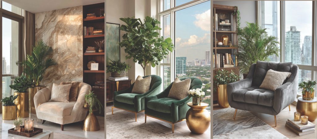 Bold velvet accent chairs in green, beige, and gray tones styled with gold accents, indoor greenery, and floor-to-ceiling windows in an elegant modern interior.