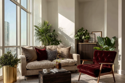 Bold velvet accent chair styled in a modern living room with neutral sofa, warm textures, and natural light