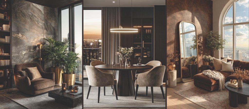 Brown elegant interior featuring velvet seating, warm neutral tones, soft lighting, gold accents, and greenery in a refined, modern home.