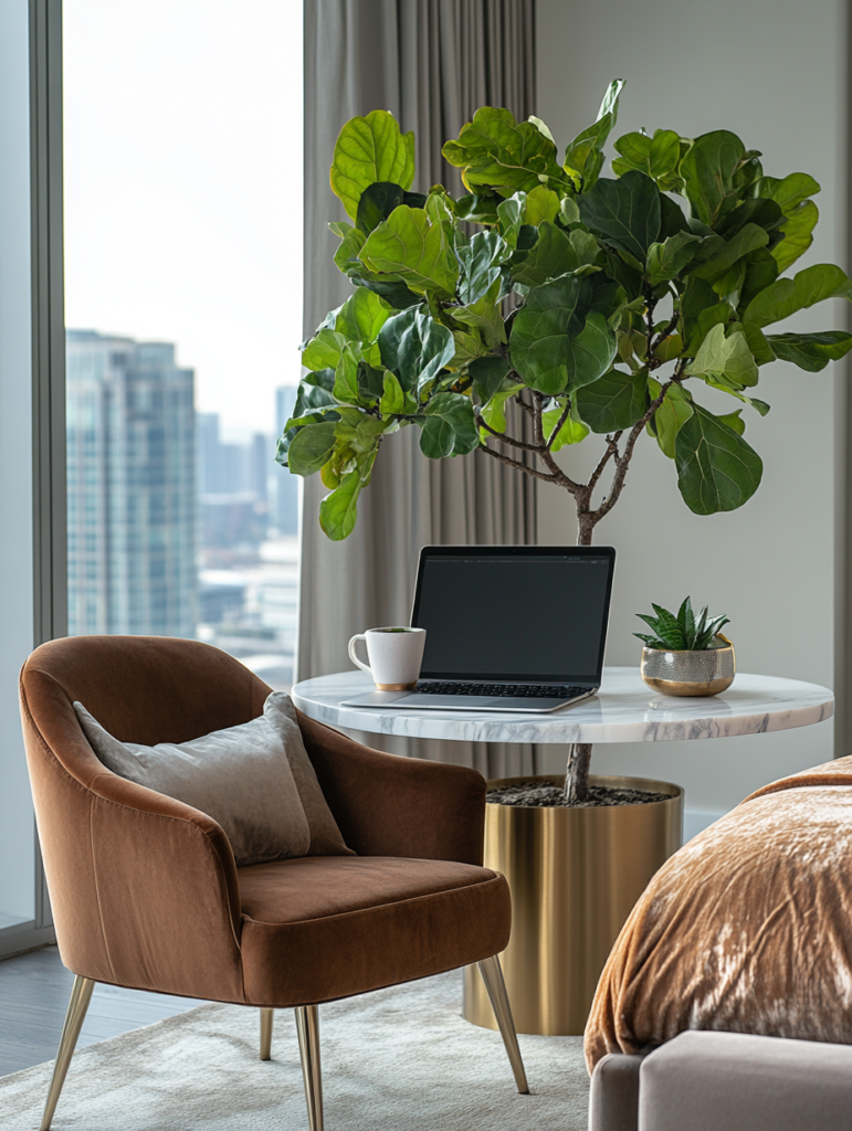 Brown velvet accent chair styled with a marble table and laptop in a modern bedroom