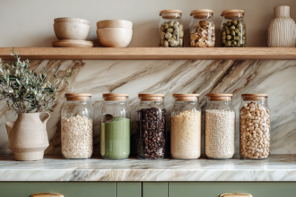 Minimal wellness pantry with glass jars filled with grains, seeds, coffee, and superfoods on a marble kitchen counter