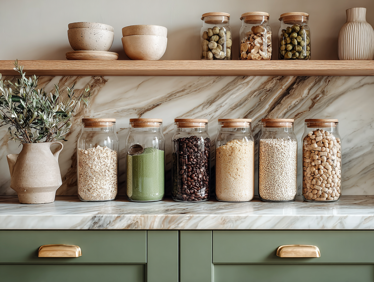 Minimal wellness pantry with glass jars filled with grains, seeds, coffee, and superfoods on a marble kitchen counter