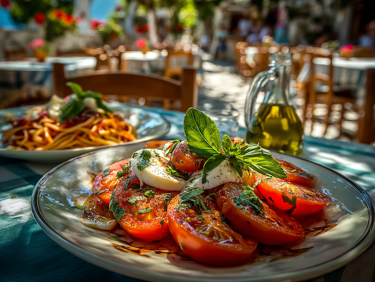 Traditional Italian meal with caprese salad, pasta, and olive oil enjoyed outdoors