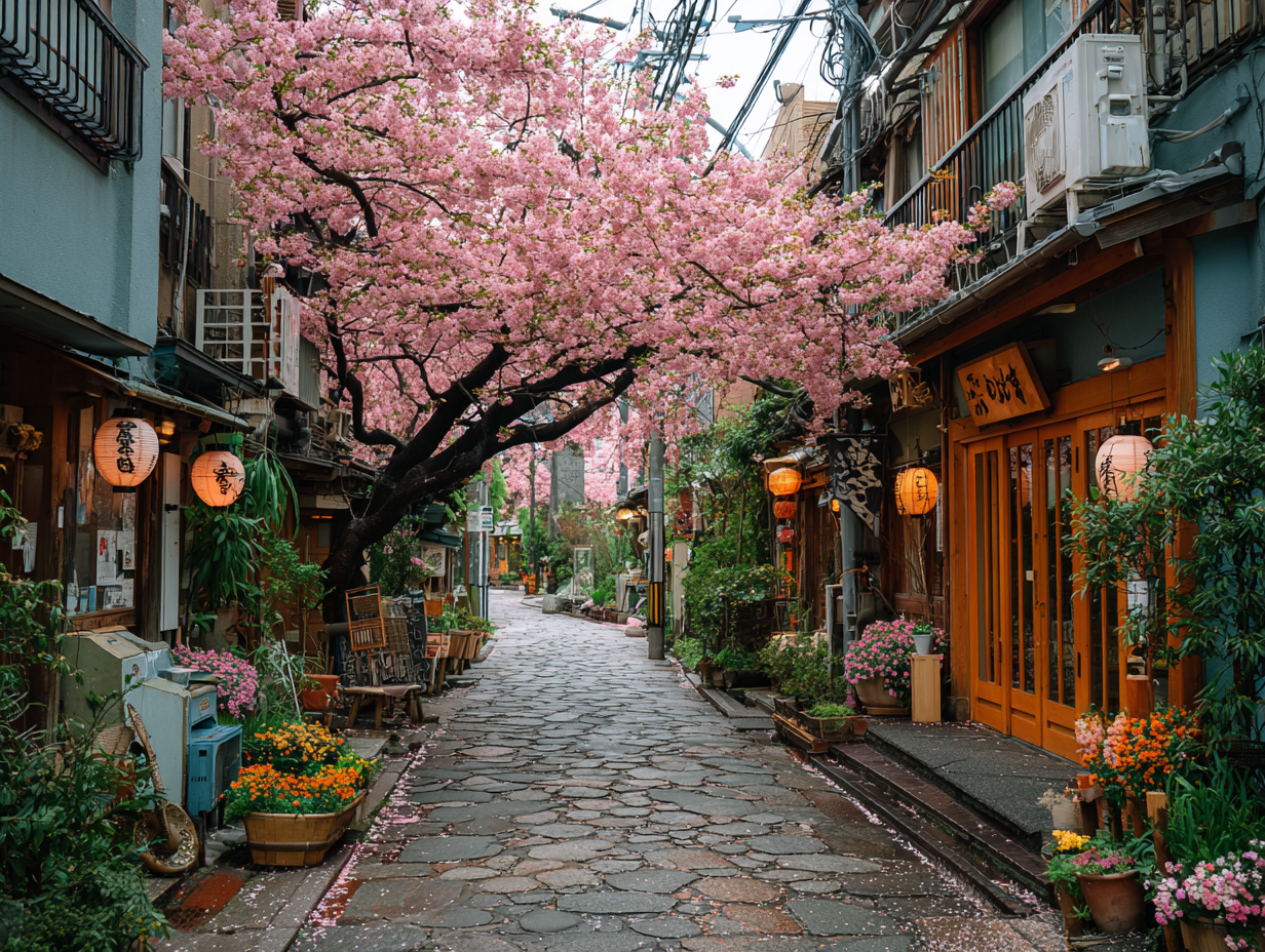 Quiet street in Japan lined with cherry blossom trees in full bloom during spring