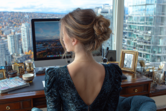 Content creator working at a desk overlooking the city, reflecting the idea that creators are content consumers first