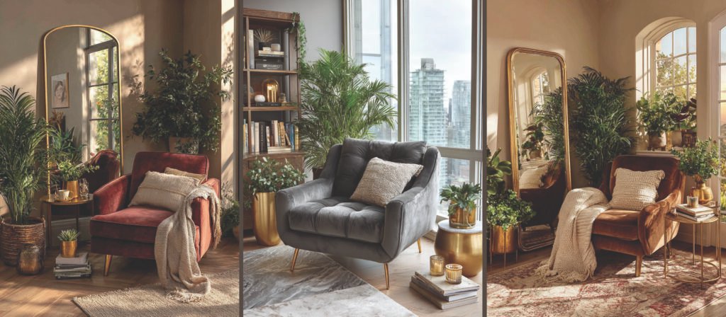 Cozy thought processing corners featuring velvet lounge chairs, layered greenery, side tables, and warm natural light in an intentional home