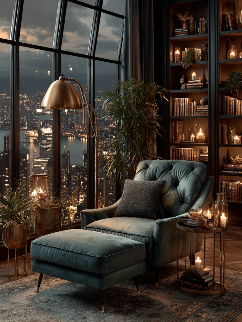 Modern thought processing space with a velvet lounge chair, bookshelves, warm lighting, and city views designed for deep thinking and creativity.