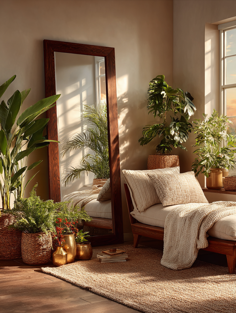 Light-filled thought processing corner with a lounge chair, mirror, natural textures, and greenery designed for calm reflection and intentional living.