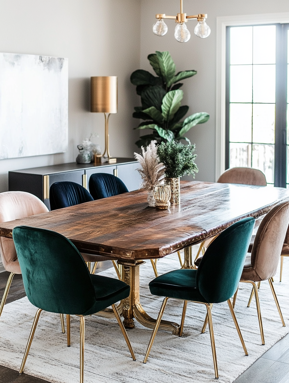 Wooden dining table with velvet chairs and gold accents creating a grounded yet luxurious dining space