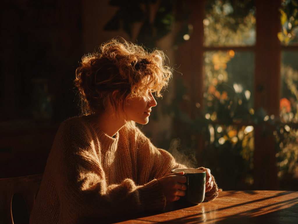 Woman enjoying a warm drink in a cozy sweater, soaking in a quiet, sunlit morning — a perfect nervous system reset ritual.
