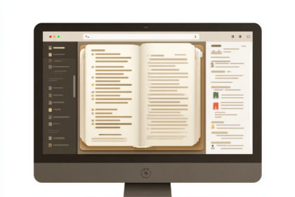 Open digital book displayed on a computer screen representing self-publishing books online through Amazon Kindle Direct Publishing