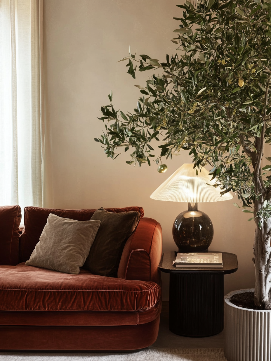 Elegant minimalist living room with a velvet sofa, sculptural table lamp, and oversized indoor plant creating a warm, refined space.
