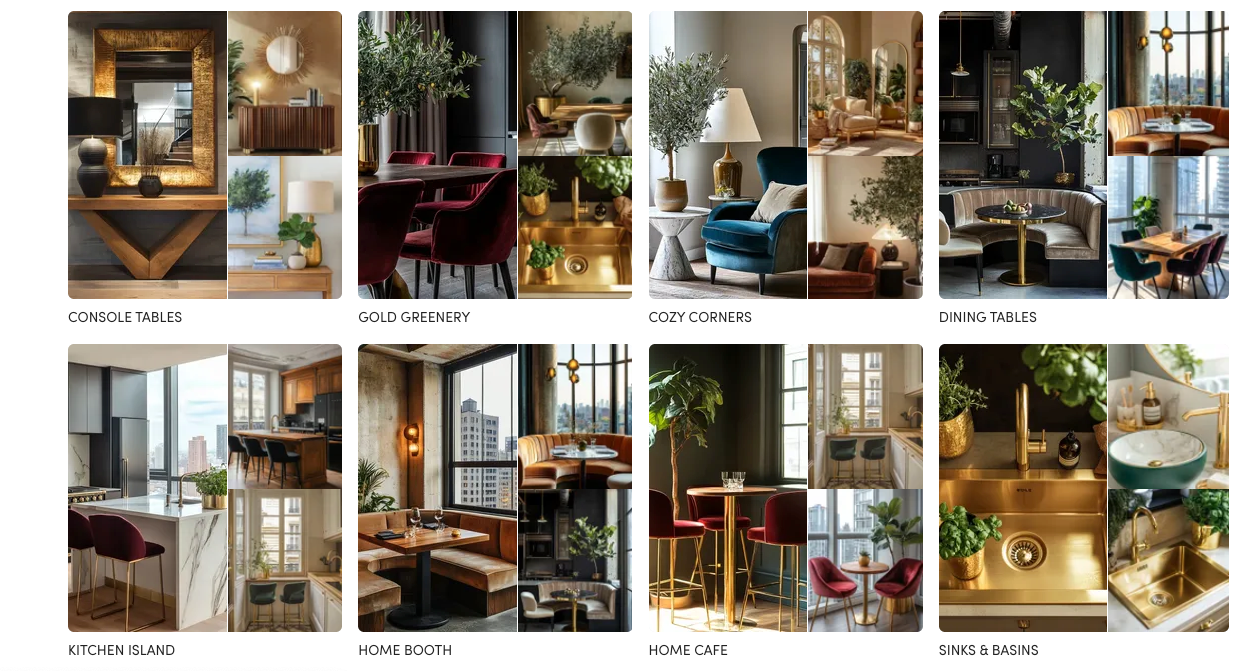 Elegant and Driven home decor edit featuring velvet seating, gold accents, greenery, cozy corners, dining tables, and designer-inspired interiors.