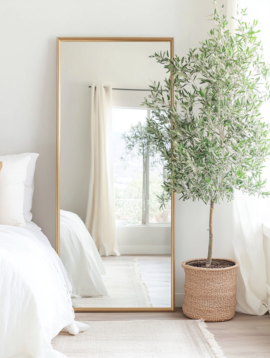 Elegant minimalist bedroom corner featuring a floor mirror, indoor tree, neutral tones, and natural textures.