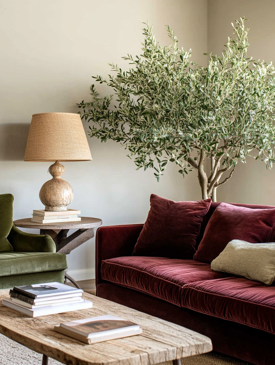 Designer living room with velvet sofa, coffee table books, greenery, and warm textures—an elegant balance between minimalist calm and maximalist warmth.