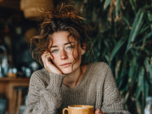 A thoughtful woman sitting with a coffee, representing how your energy and emotional state are affected by the people you spend time with.