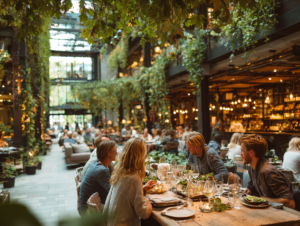 People enjoying a relaxed dinner together in a warm, inviting space, symbolizing how uplifting relationships and environments support emotional fulfillment.
