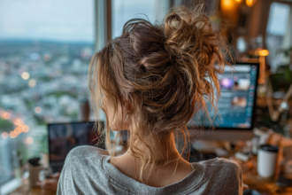 A woman sitting quietly at her desk, reflecting after stepping away from emotionally draining relationships and reclaiming creative energy.